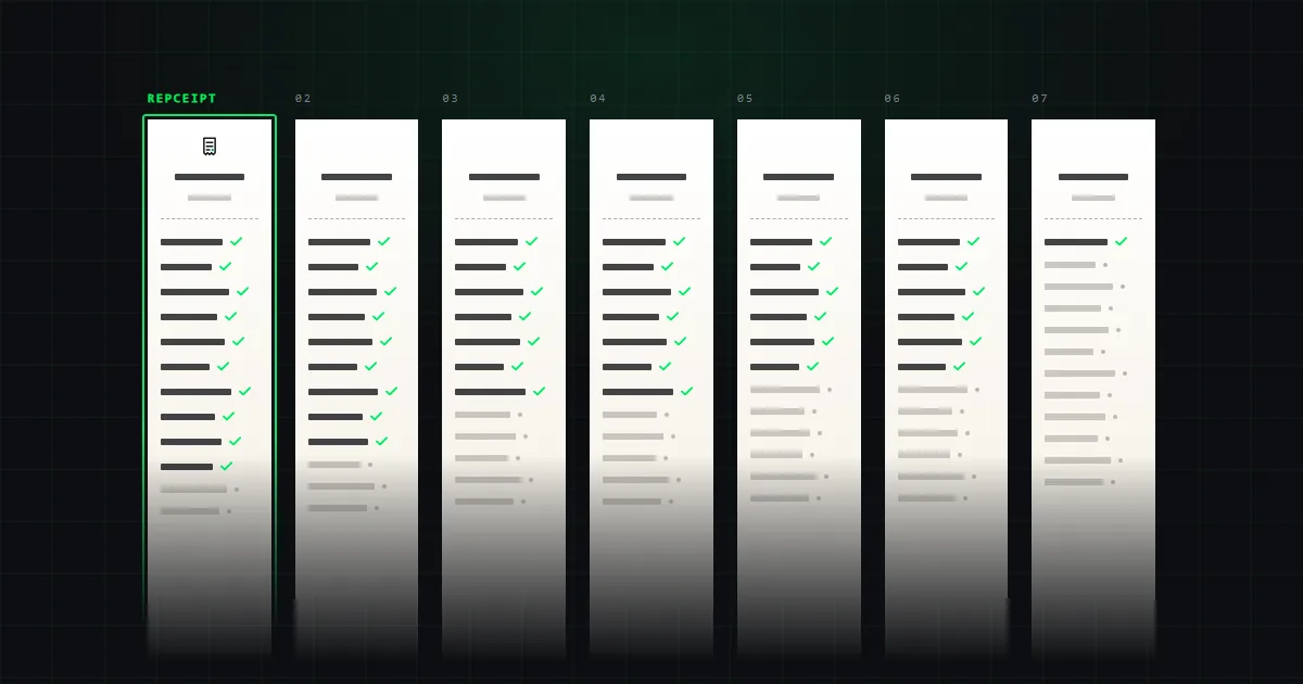 Seven strips of receipt paper standing in a row on a dark grid, each printed with a column of comparison marks — the first headed Repceipt, printed with the Repceipt logo and ringed in green, the six behind it numbered and thinning out towards blank paper.