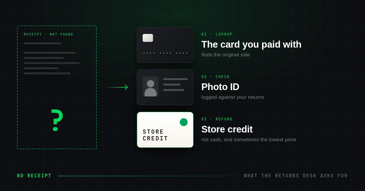 An empty dashed outline where a receipt should be, on a dark grid, beside the three things a returns desk asks for in its place: the card you paid with, a photo ID and a store credit card.
