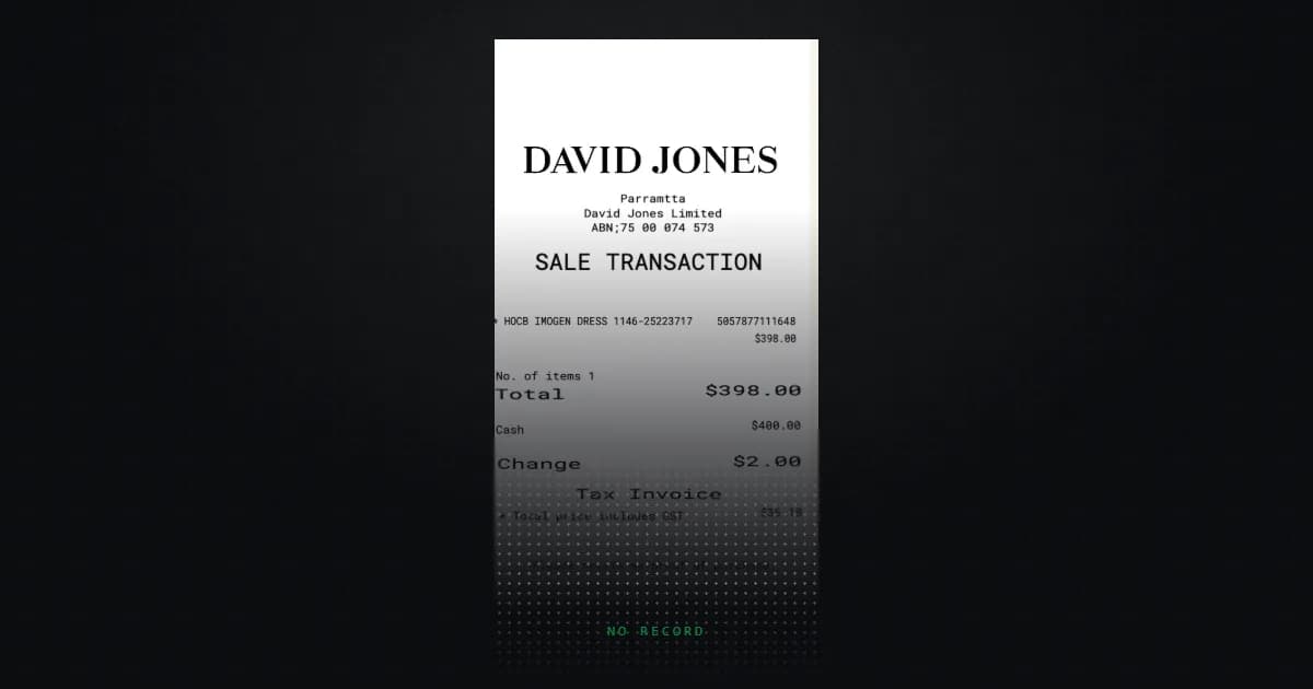 A department store receipt dissolving into a grid of dots towards the bottom of the page, where the text has been replaced by the words "no record".