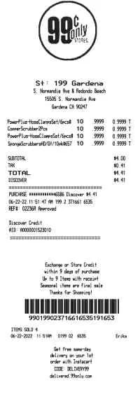 99 Cent Store Receipt