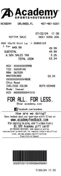 Academy Sports Outdoors Receipt