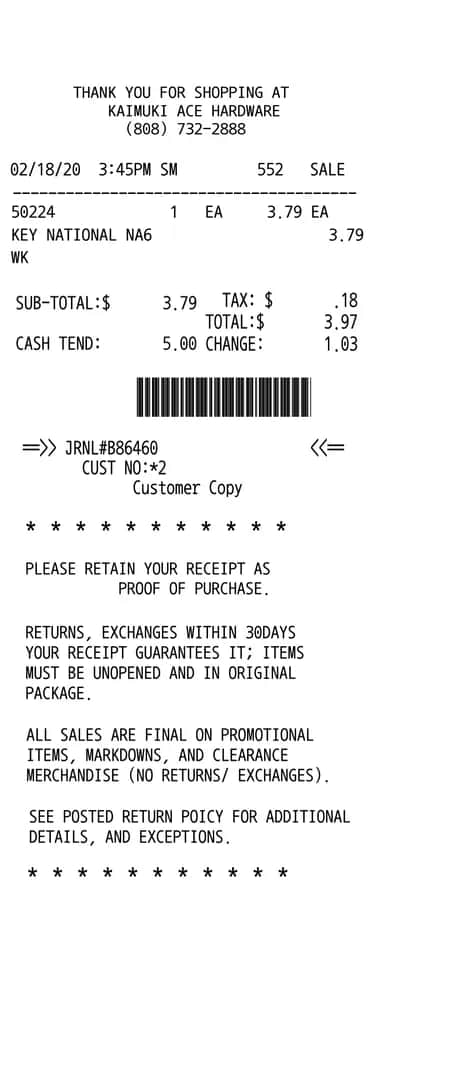 Ace Hardware Receipt