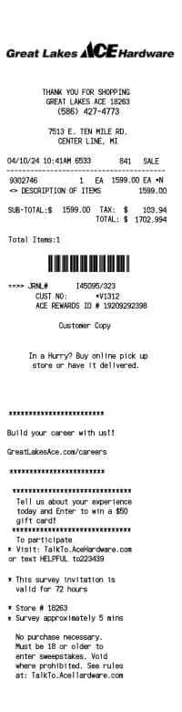 Ace Hardware Receipt