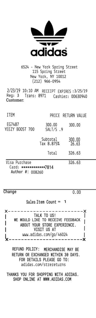 Adidas Store Receipt