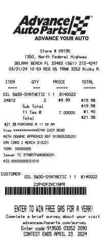 Advanced Auto Parts Receipt 2024