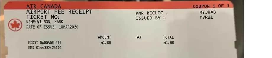Air Canada Baggage Receipt