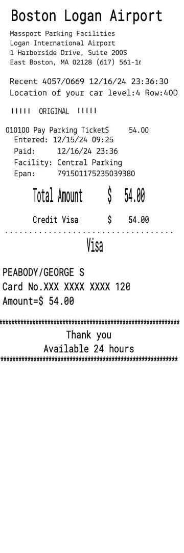 Airport Parking Receipt - Logan Intl