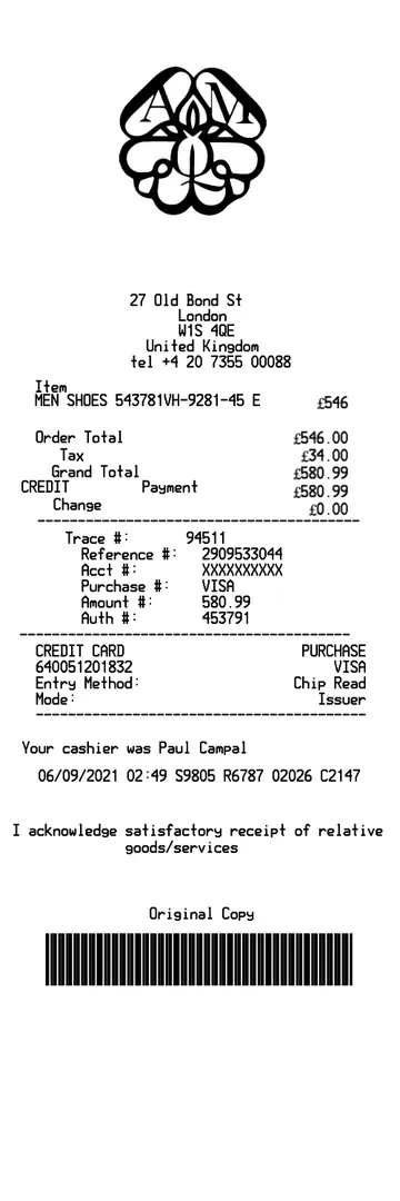 Alexander McQueen Receipt