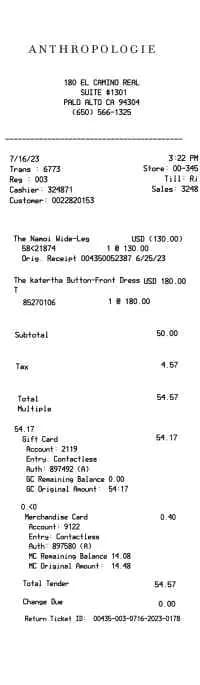 Anthropologie Receipt