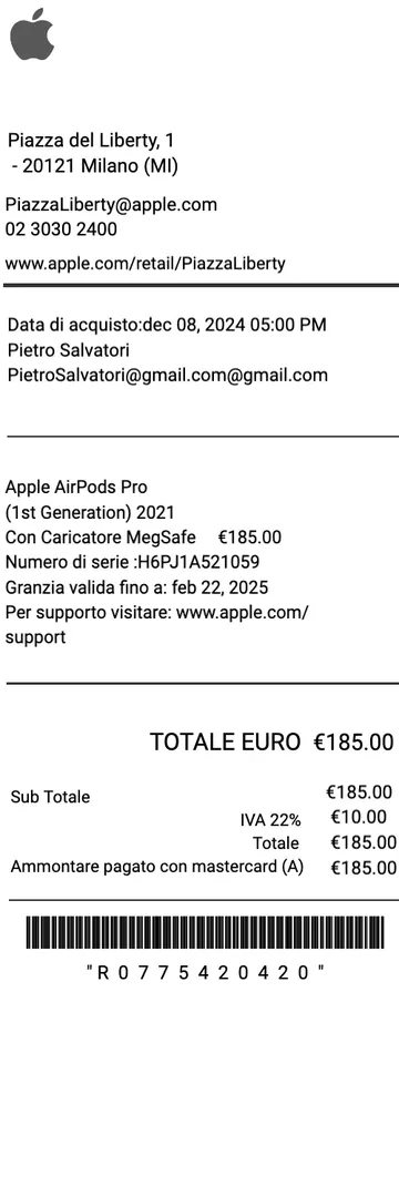 Apple Store Receipt - Italian