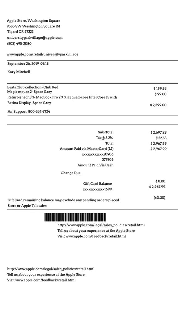 Apple Store Receipt