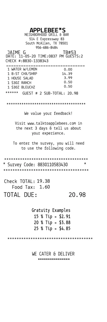Applebees Restaurant Receipt