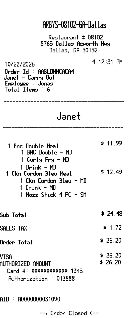 Arby'S Restaurant Receipt Sample