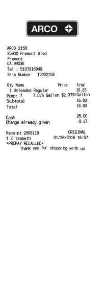 Arco AM PM Receipt