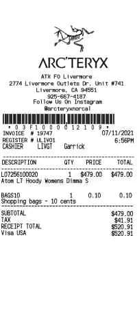 Arc’teryx Receipt