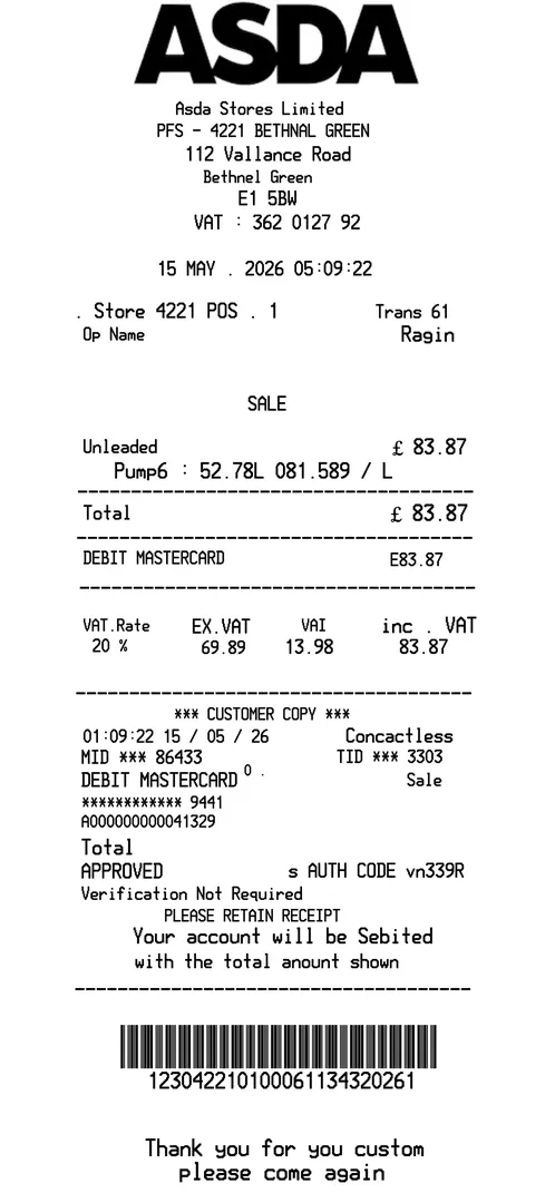 Asda Fuel Receipt