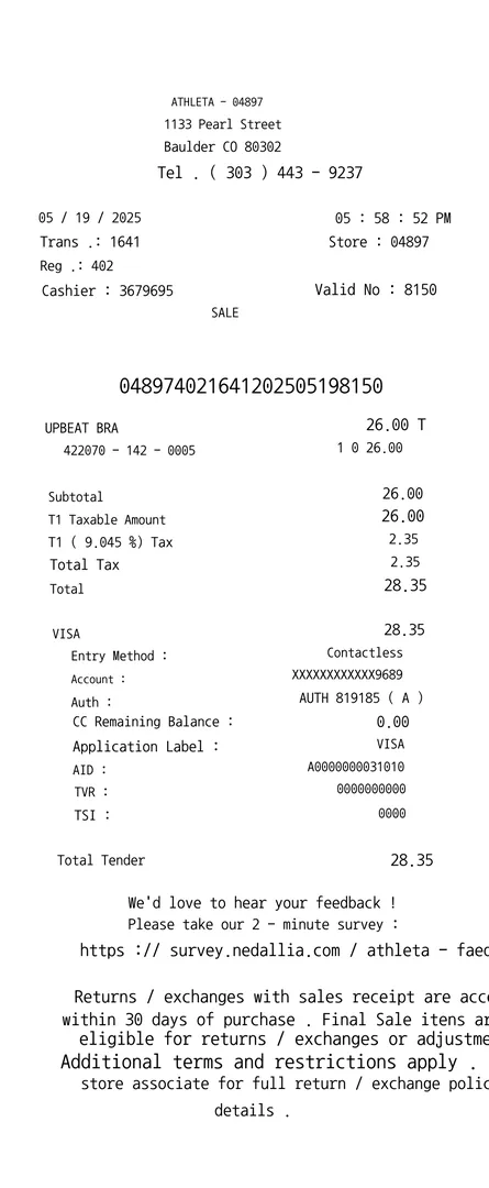 Athleta Receipt