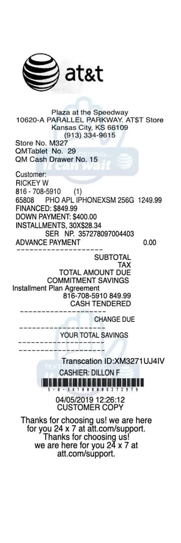 ATT Wireless Receipt