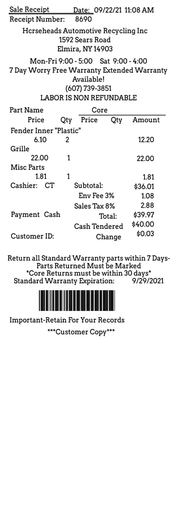 Automotive Receipt