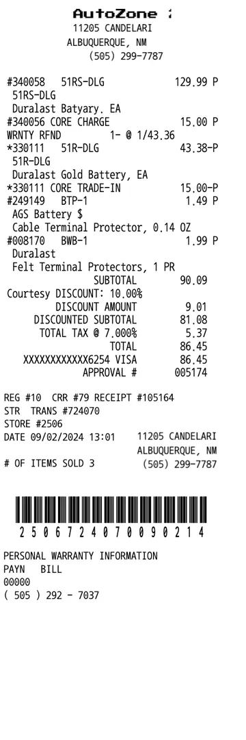 AutoZone Receipt