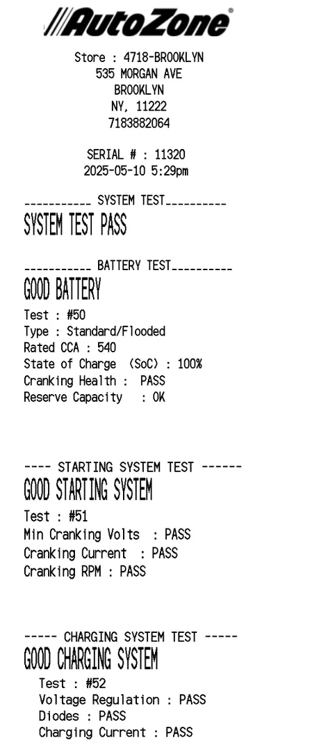 Autozone System Test Receipt