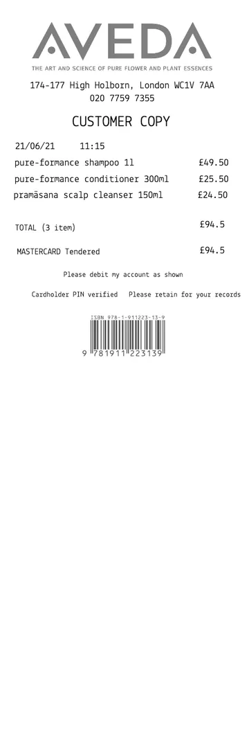 Aveda Hair Products Receipt