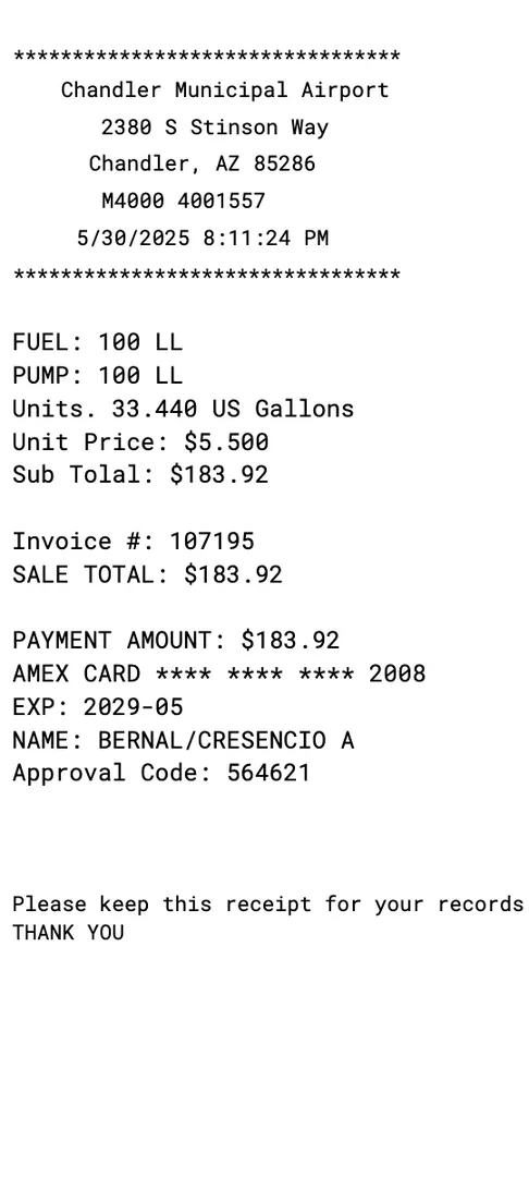 Aviation Fuel - FBO Receipt