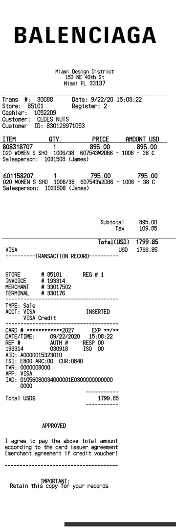 Balenciaga Receipt