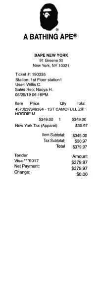 BAPE - a Bathing Ape - Receipt