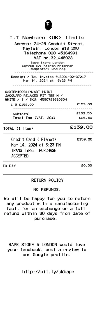 BAPE UK Receipt