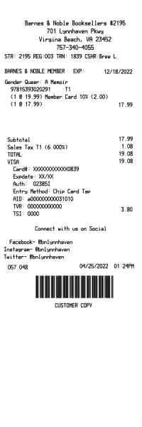 Barnes and Noble Receipt