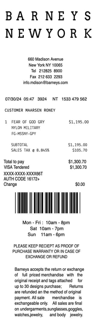 Barneys New York Receipt