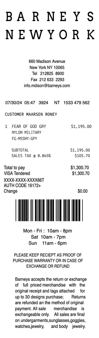 Barneys New York Receipt
