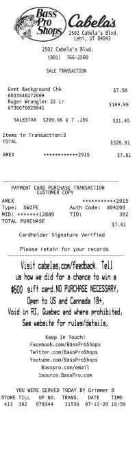 Bass Pro Shop Receipt