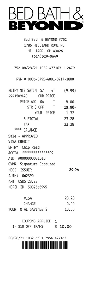 Bed Bath and Beyond Receipt
