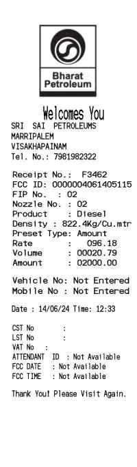 Bharat Petrol Receipt
