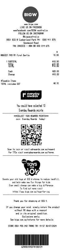 Big W Receipt Australia