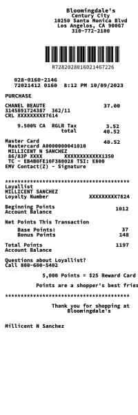 Bloomingdales Receipt