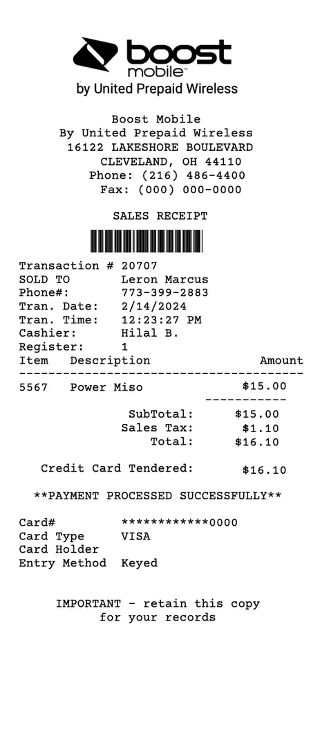 Boost Mobile Receipt