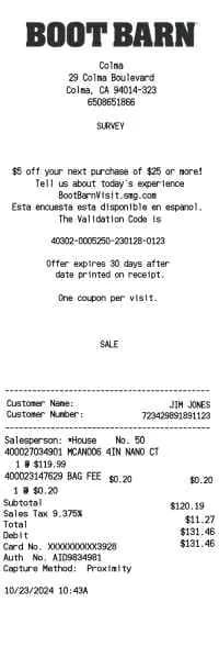 Boot Barn Receipt
