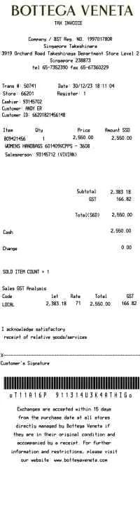 Bottega Veneta Receipt
