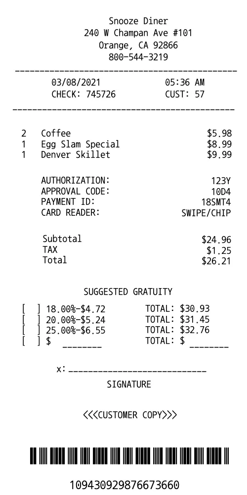 Breakfast Restaurant Receipt
