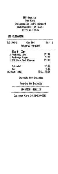 Brewery Pub Receipt