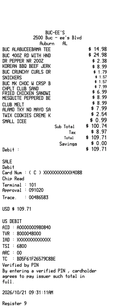 Buc-Ees'S Receipt Food
