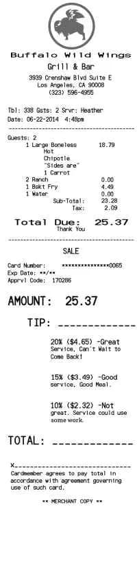 Buffalo Wild Wings Receipt