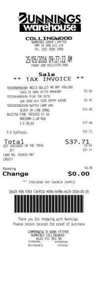 Bunning Receipt