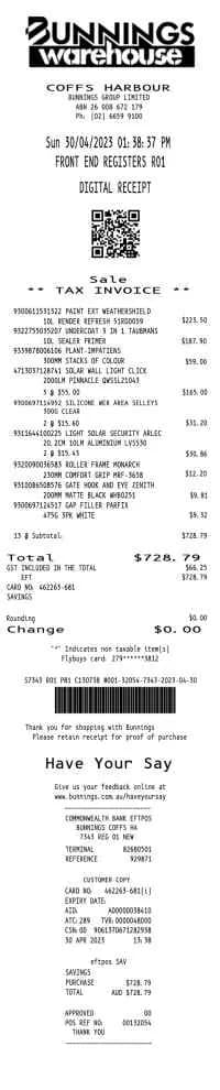 Bunnings Warehouse Receipt