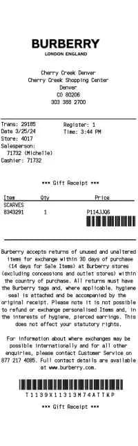 Burberry Gift Receipt USA