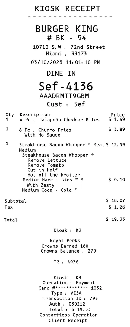 Burger King Receipt Food