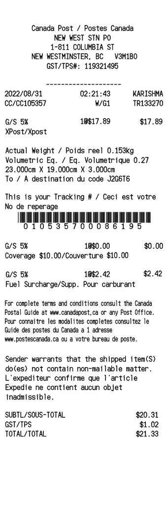Canada Post Receipt